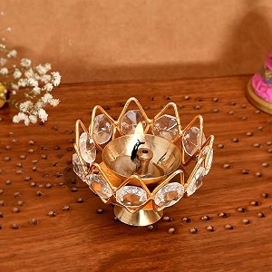 cooptic brass diya for puja - crystal akhand diya oil puja lamp - decorative round diya for home office gifts pooja articles dcor  7x5 cm