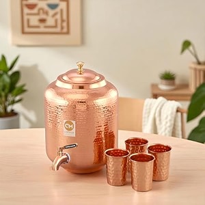 copper master 11 litre pure copper hammered water dispenser matka with 4 copper glasses  ayurvedic drinkware set for home amp office 11000ml  1200ml