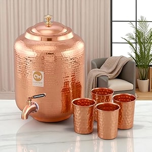 copper-master 14 litre hammered copper water dispenser matka container pot with 4 copper glasses pure copper and ayurvedic health benefits 14000 ml  1200 ml
