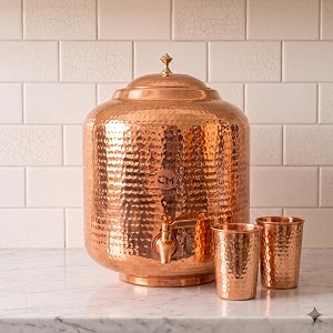 copper-master 14 litre hammered copper water dispenser matka container pot with 2 copper glasses pure copper and ayurvedic health benefits 15000 ml  600 ml