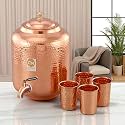 Copper-Master 14 Litre Hammered Copper Water Dispenser (Matka) Container Pot with 4 Copper Glasses Pure Copper and Ayurvedic Health Benefits (14000 ml + 1200 ml)