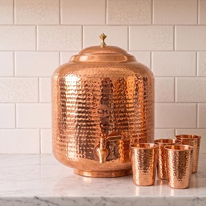 copper-master 18 litre hammered copper water dispenser matka container pot with 4 copper glasses pure copper and ayurvedic health benefits 18000 ml  1200 ml