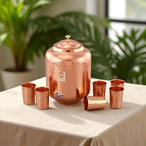 copper-master 5 litre hammered copper water dispenser matka container pot with 6 pure copper glasses with pure copper and ayurvedic health benefits 5000 ml  1800 ml