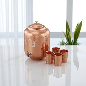 copper-master 5 litre hammered copper water dispenser matkapot container pot with pure copper and ayurvedic health benefits 5000 ml