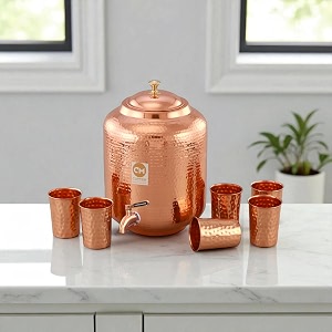 copper-master pure copper water dispenser 8 litre with 6 glass ayurvedic matka for drinking water traditional matkapot for home office diwali gifting leak-proof 8000 ml 1800ml