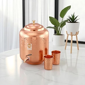 copper-master 8 litre hammered copper water dispenser matka container pot with 2 pure copper glasses with pure copper and ayurvedic health benefits 8000 ml  600 ml