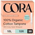 Cora Organic Cotton Tampons Multipack (18 Light, 18 Regular Tampons)