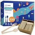 CORAL Light Brown Compostable Heavy Duty Spoons &amp; Forks Set 220 Pieces Bulk