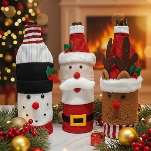coral tree christmas wine bottle covers  santa snowman amp reindeer knitted gift wraps set-3-srs