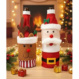 coral tree christmas wine bottle covers  santa snowman amp reindeer knitted gift wraps set-2-sr