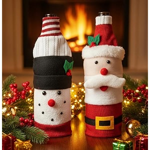 coral tree christmas wine bottle covers  santa snowman amp reindeer knitted gift wraps set-2-ss