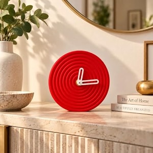 coral tree modern round table clock 12 cm decorative textured desk clock with minimalist hands amp stable stand battery operated small clock for bedroom living room study office amp gifting red pitch