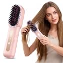 Cordless Hair Straightener Brush - LCD Display, Fast Heating MCH Ceramic, USB Rechargeable, Portable Mini Straightening Iron for Travel, Salon Smooth Hair at Home, Pink