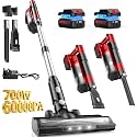 Cordless Vacuum Cleaners for Home with 2*Battery 8000mAh, Brushless Rechargeable Stick Vacuum with 3 Mode, 6 In 1 Portable Handheld Cordless Vacuum for Pet Hair /Hardwood Floor/Dorm/Carpet (Red)