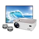 Home Theater Bundle with Projector, 120" Screen, and Two Mini Bluetooth Wireless Bone Conduction Instant Speakers, White