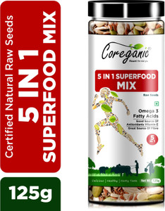 coreganic certified raw 5 in 1 super seeds mix - sunflower pumpkin flax watermelon and chia seeds brown flax seeds chia seeds sunflower seeds pumpkin seeds watermelon seeds 125 g