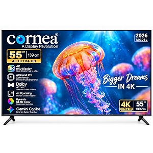 cornea 55-inch 4k ultra hd smart display  2026 model  ai sound pro with dolby atmos  4k upscaling  100 apps  gemini copilot  uhd display