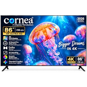 cornea 86 inch 4k ultra hd smart display  2026 model  ai sound pro with dolby atmos  4k upscaling  100 apps  gemini copilot  uhd display