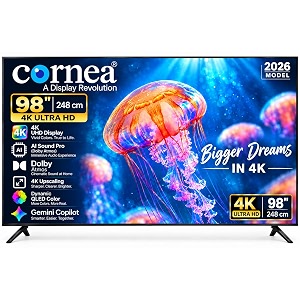 cornea 98-inch 4k ultra hd smart display  2026 model  ai sound pro with dolby atmos  4k upscaling  100 apps  gemini copilot  uhd display