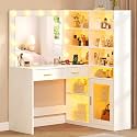 CSZZD White Corner Vanity Desk with Lighted Mirror & 9 Open Storage Shelves