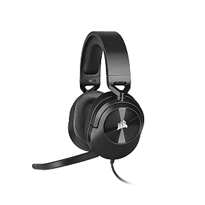 corsair hs55 stereo gaming headset leatherette memory foam ear pads lightweight construction omni-directional microphone multi-platform compatibility with included y-cable adapter carbon