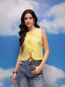 corsica casual sleeveless self design women yellow top
