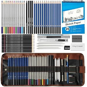 corslet 52pc sketch pencil set drawing kit drawing pencils 25 sheets sketchbook a5 charcoal pencils for artists watercolor colour shading pencils set blending stumps sketching kit art supplies