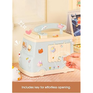 cortina -bus shaped piggy bank for kids  cute atm-style coin bank plastic coin saver with handle amp keys money box gift item blue