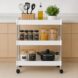 cortina heavy duty plastic storage 3 tiershelves for home kitchen garage bathroom  multipurpose tiered rack organizer with wheels  strong load-bearing modular storage unit  405x13x65