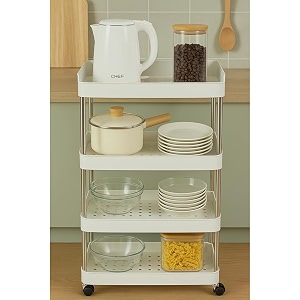 cortina heavy duty plastic storage 4 tiershelves for home kitchen garage bathroom  multipurpose tiered rack organizer with wheels  strong load-bearing modular storage unit  405x23x935