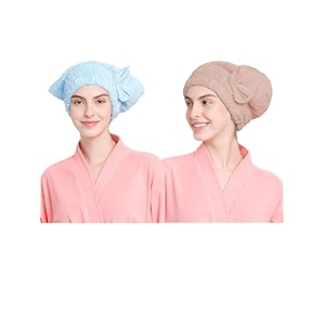 cortina microfiber hair towel cap soft absorbent quick drying cap for curly thick hair wrap cap for women girls-pack of 2 blue-lt brown 380 tc