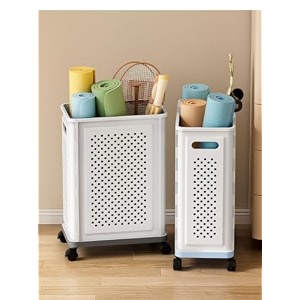 cortina premium wheeled laundry hamper basket with extended handle  durable plastic foldable design  portable rolling storage solution wheeled laundry hamper