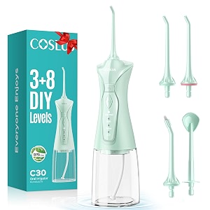 coslus water dental flosser portable oral irrigator 300ml 4 modes rechargeable tooth flosser for teeth braces waterproof irrigation cleaner with 4 jet tips for travel home cleaning lime green