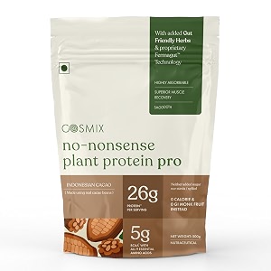 cosmix no-nonsense plant protein pro 26g protein  yeast protein amp pea protein blend  indonesian cacao 1kg pouch x 1  clean easy to digest