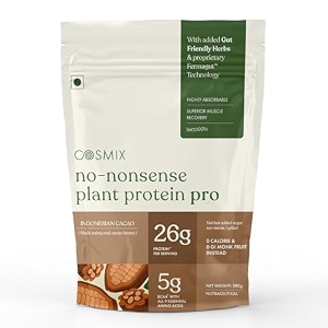 cosmix no-nonsense plant protein pro 26g protein  yeast protein amp pea protein blend  indonesian cacao 500g pouch x 1  clean easy to digest