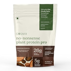 cosmix no-nonsense plant protein pro 26g protein  yeast protein amp pea protein blend  chikmagalur mocha 1kg pouch x 1  clean easy to digest