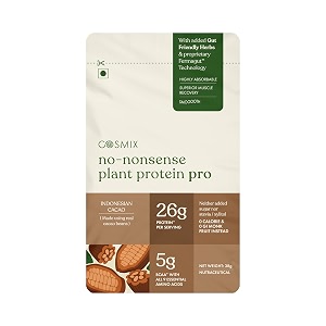 cosmix no-nonsense plant protein pro  26g proteinserve  indonesian cacao  yeast powered plant-based protein  pdcaas of 1  light on gut superior muscle recovery - 38g pack of 1 sachet