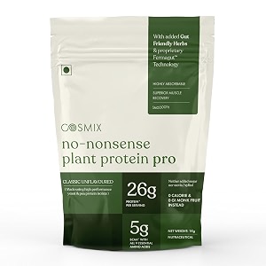 cosmix no-nonsense plant protein pro 26g protein  yeast protein amp pea protein blend  classic unflavoured 1kg pouch x 1  clean easy to digest