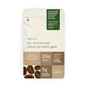 cosmix no-nonsense plant protein pro 26g protein  yeast protein amp pea protein blend  malnad arabica coffee 38g sachet x 1  clean easy to digest