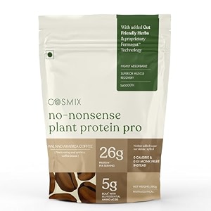 cosmix no-nonsense plant protein pro 26g protein  yeast protein amp pea protein blend  malnad arabica coffee 500g pouch x 1  clean easy to digest
