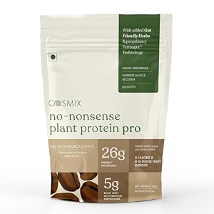 cosmix no-nonsense plant protein pro 26g protein  yeast protein amp pea protein blend  malnad arabica coffee 1kg pouch x 1  clean easy to digest
