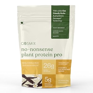 cosmix no-nonsense plant protein pro 26g protein  yeast protein amp pea protein blend  kerala vanilla bean 500g pouch x 1  clean easy to digest