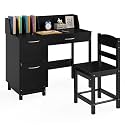 Costzon Kids Desk and Chair Set, Wooden Student Study Desk Set w/Hutch, Storage Drawer & Cabinets for 3-8 Years Old Child, Writing Computer Workstation for Bedroom School (Upgraded, Black)