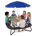 Costzon Kids Picnic Table, 8 Person Kids Outdoor Table and Chairs with Foldable & Adjustable Umbrella, 4 Built-in Benches, Toddler Outdoor Furniture for Backyard, Patio, Garden (Brown)
