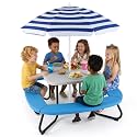 Costzon Kids Picnic Table, 8 Person Kids Outdoor Table and Chairs with Foldable & Adjustable Umbrella, 4 Built-in Benches, Toddler Outdoor Furniture for Backyard, Patio, Garden (Blue)