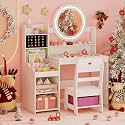 Costzon Kids Vanity, Girls Vanity Set with Mirror and Lights, Jewelry Storage, Shelves, Princess Toddler Makeup Vanity Desk Dressing Table, Wooden Kids Vanity Table and Chair Set (White)