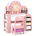 Costzon Kids Vanity, Girls Vanity Set with Lighted Mirror, Bookshelf, Jewelry Storage, Toddler Makeup Vanity Desk Dressing Table, Wooden Kids Vanity Table and Chair Set (Pink)