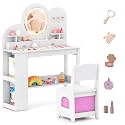 Costzon Kids Vanity, Girls Vanity Set with Lighted Mirror, Bookshelf, Drawers, Hooks & Storage Shelves, Toddler Makeup Vanity Desk Dressing Table, Wooden Kids Vanity Table and Chair Set (White)