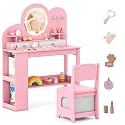 Costzon Kids Vanity, Girls Vanity Set with Lighted Mirror, Bookshelf, Drawers, Hooks &amp; Storage Shelves, Toddler Makeup Vanity Desk Dressing Table, Wooden Kids Vanity Table and Chair Set (Pink)