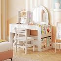 Costzon Girls Vanity Set with Lighted Mirror, Bookshelf, Drawer, Storage Cabinet &amp; Shelves, Toddler Makeup Vanity Desk Dressing Table, Wooden Kids Vanity Table and Chair Set (White)